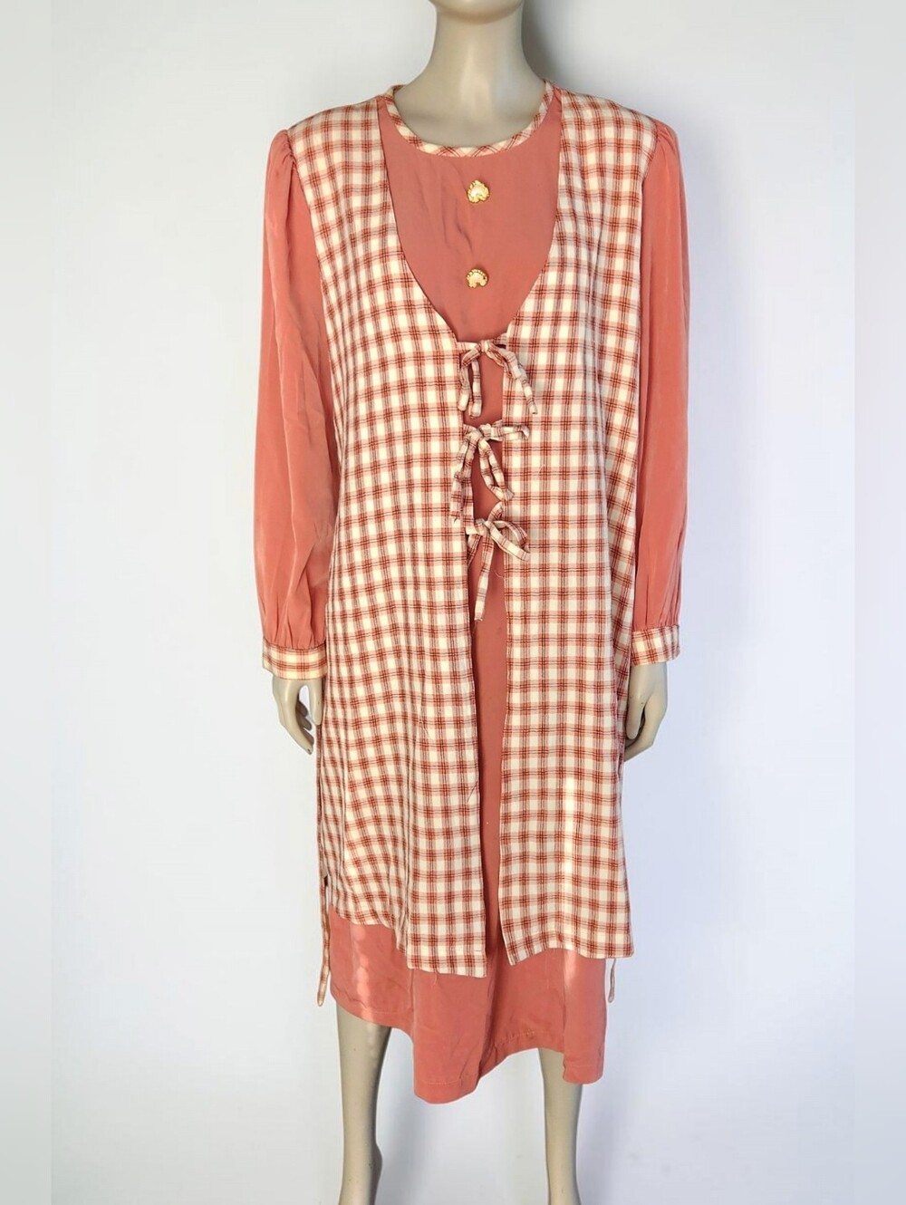 Vintage Cottagecore Layered Midi Dress Sz M/L Terracotta Salmon Plaid Tie Front
